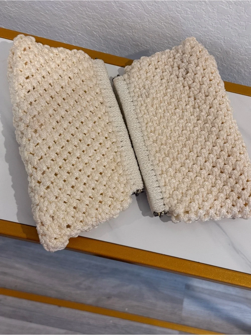Cream Crochet Knit Clutch with Blue Floral‎ Accent BUNDLE